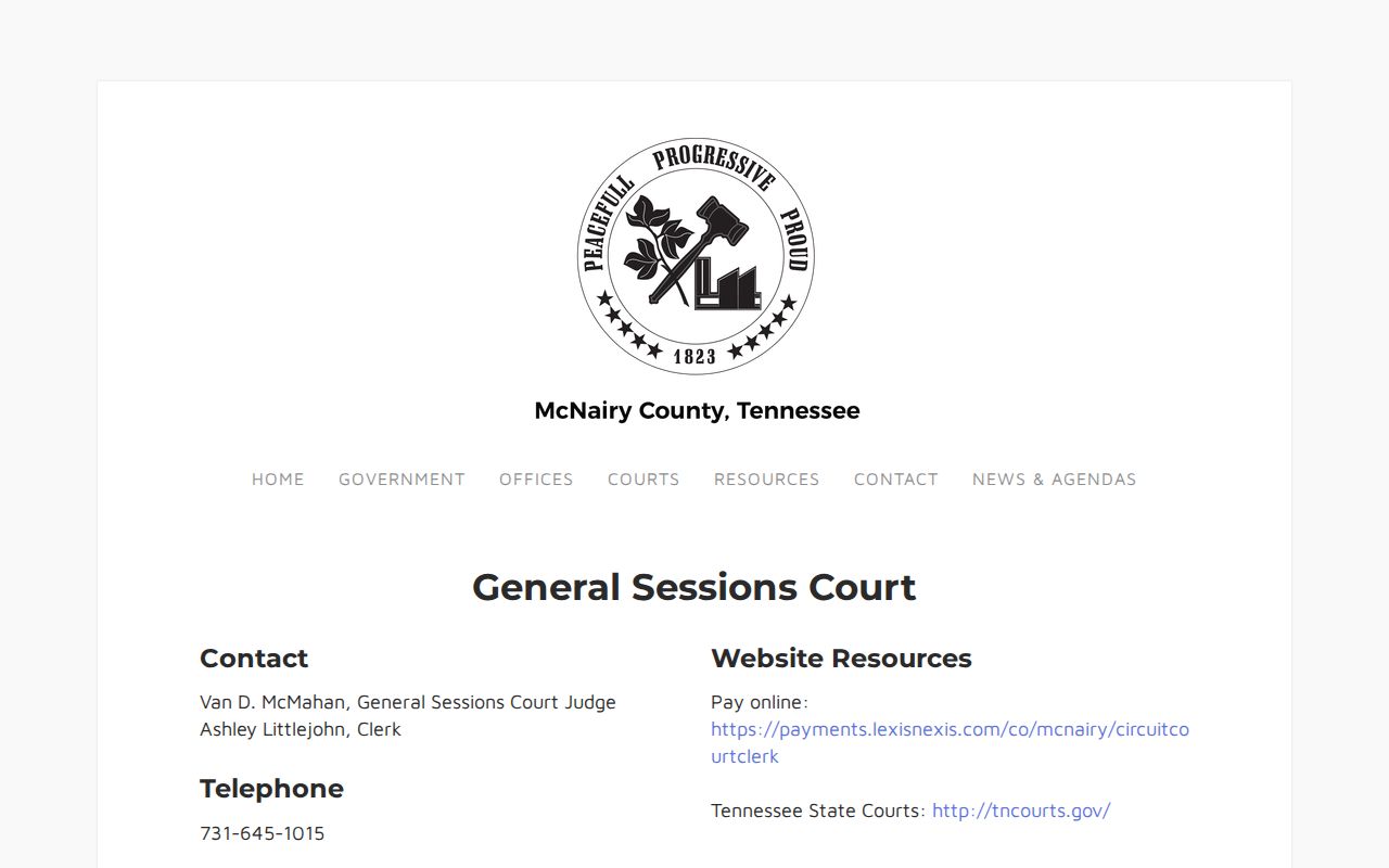 McNairy County warrant records reference, General Sessions Court contact page
