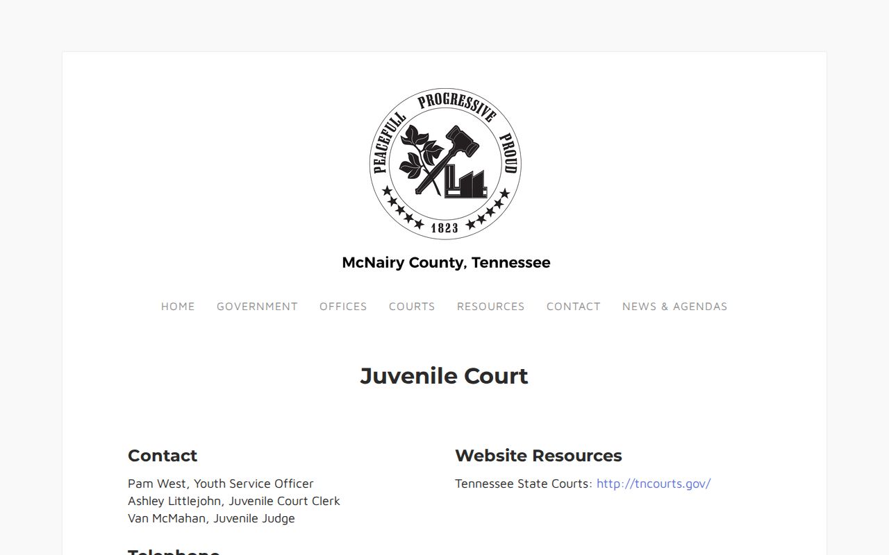 McNairy County warrant records reference, Juvenile Court contact block