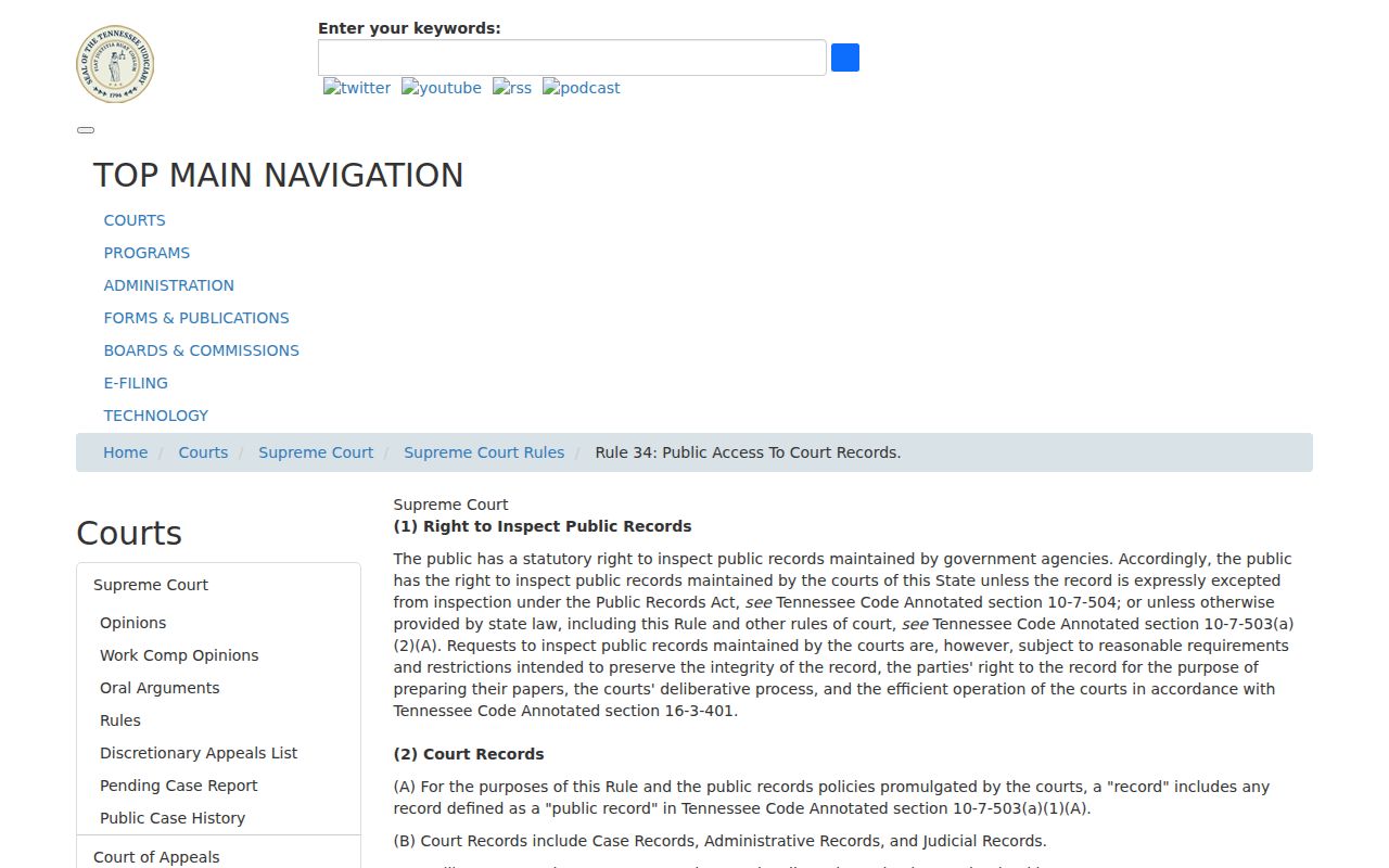Tennessee Supreme Court Rule 34 public access court-record page