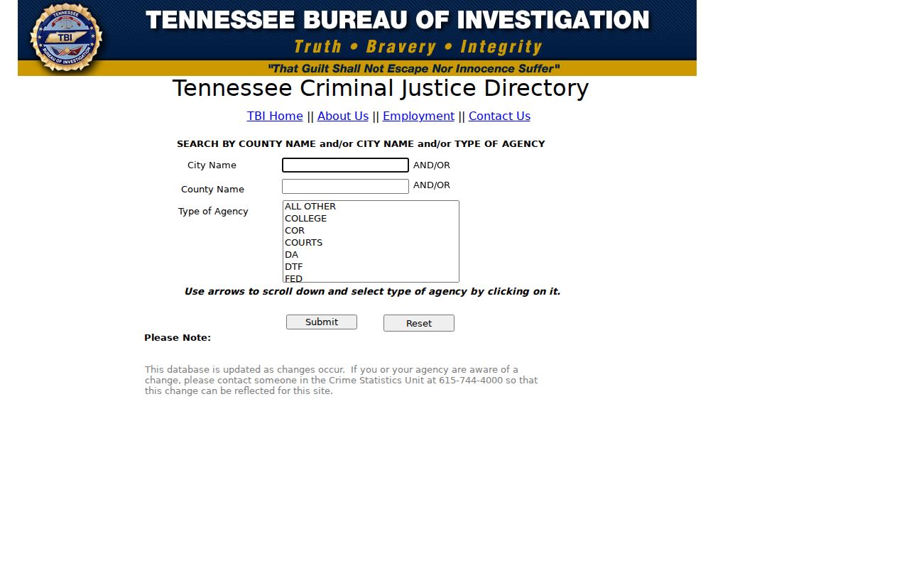 McNairy County arrest warrant reference, TBI agency directory fields