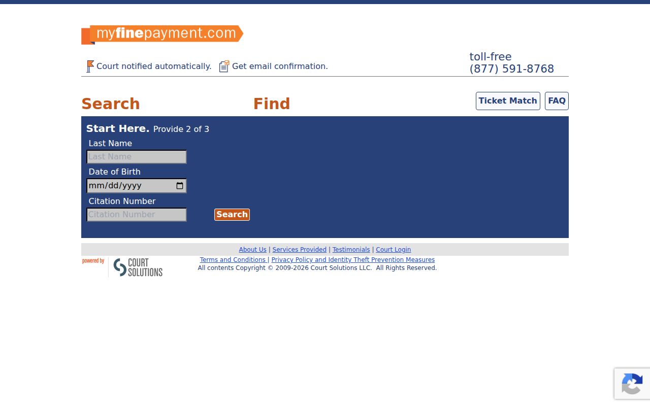 Citation lookup fields for last name, date of birth, and citation number