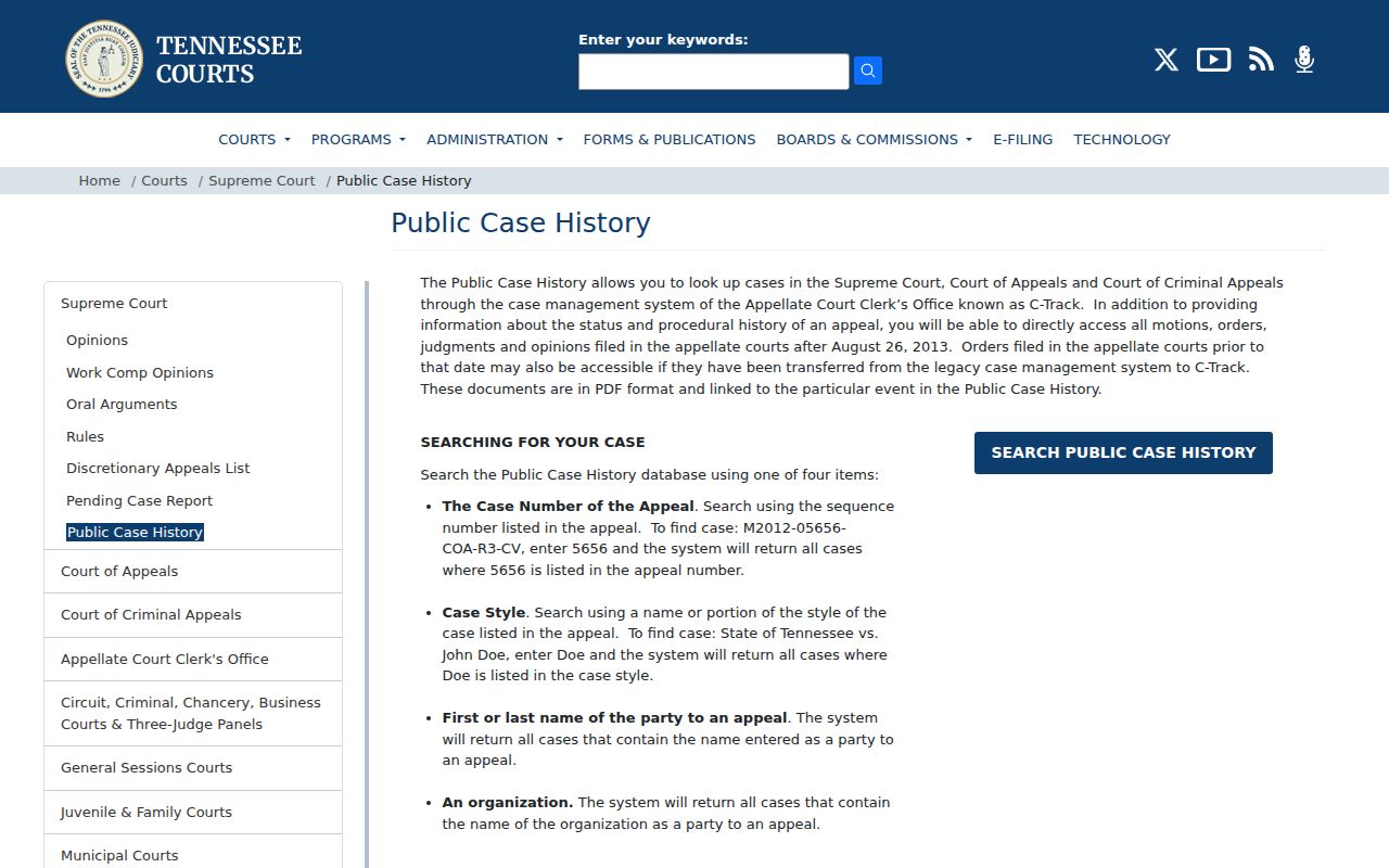 Tennessee public case history search information