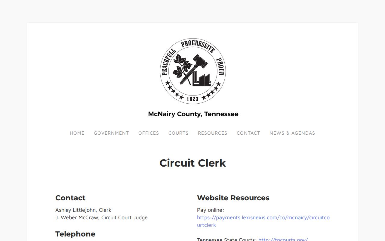 McNairy County warrant records reference, Circuit Court Clerk and Justice Complex page
